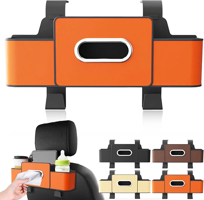 3-in-1 Car Backseat Organizer, 2025 New Multifunctional Car Seat Back Storage Box, Multifunctional Car Back Seat Storage Organizer-Carstorage Bag with 2 Cup Holders, Tissue Box, Hooks (Orange)