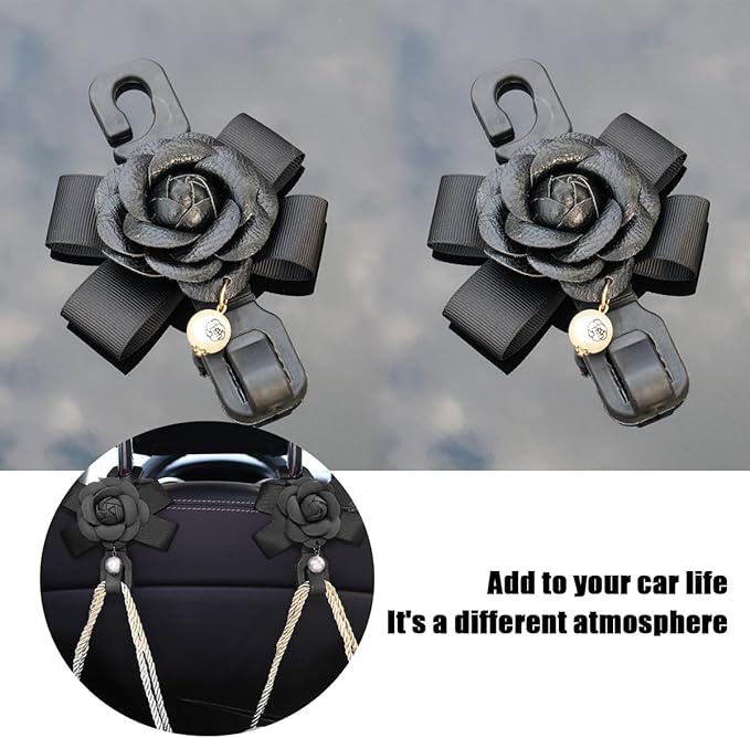 Car Seat Headrest Hook, 2PCS Cute Flower Vehicle Backseat Organizer Hanger for Purse Grocery Bag Coat, Auto Interior Hanging Decor Accessories, Universal for SUV Sedan Truck (Black)
