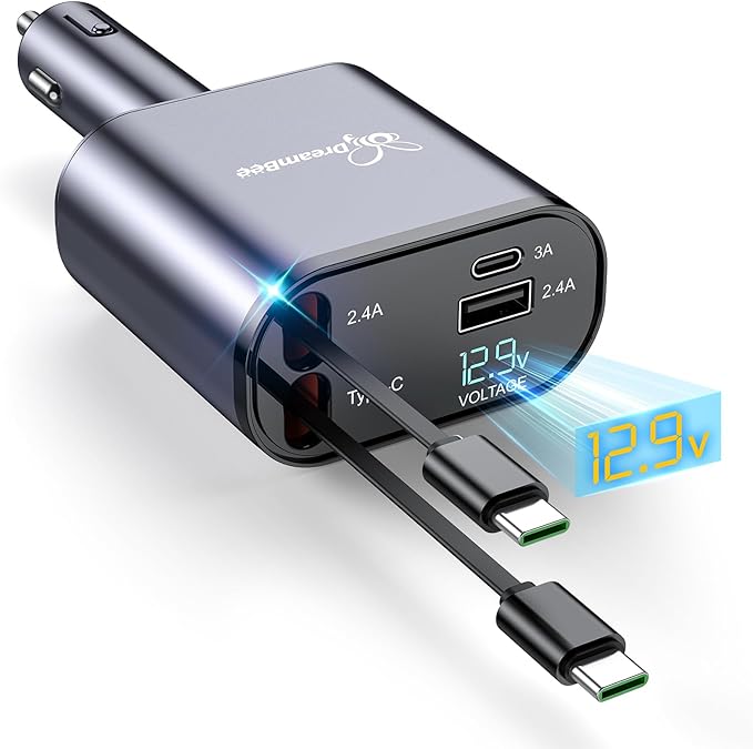 DreamBee Retractable Car Charger,66W Super Fast USB Car Phone Charger,Dual TypeC Retractable Cables Gifts for Men Women Car Truck Accessories for Samsung Galaxy S23+/S23,iPhone 17/16/15/ Pro Max, iPad