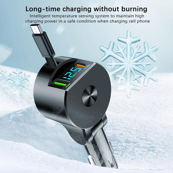 75W 3-in-1 Car Charger Adapter with Voltage Detection, Super Fast Charging with Cable PD30W Retractable Cable for iPhone/Samsung/Android/iPad Pro and More