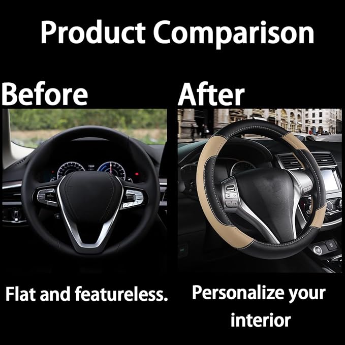 BELOMI Leather Car Steering Wheel Cover, Universal 15 Inch for Car Truck SUV, Non-Slip and Breathable, Sport Style Design Odorless Steering Wheel Protector, Automotive Interior Accessories (Beige)