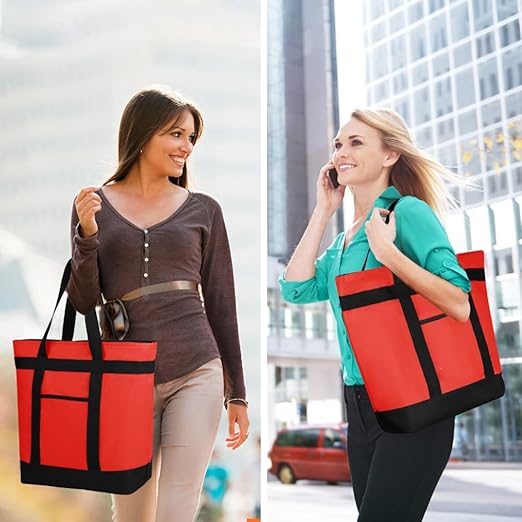 CIVJET Insulated Reusable Tote Bag for Grocery Shopping for Women, Pizza/Food Delivery Bag to Keep Food Cold/Hot for Commercial Food Transport, Cooler bags for Travel/Beach/Picnic, Non-Waterproof, Red