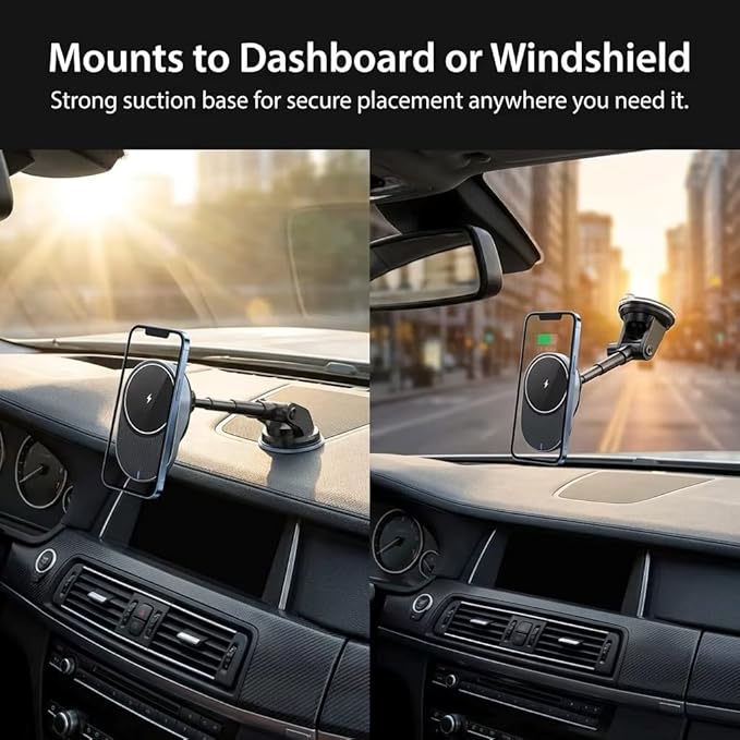 IJS Magnetic Wireless Car Charger with Built-in Retractable Cable – Extendable Windshield & Dashboard Phone Mount – 15W Magsafe Compatible – Fast Charging for iPhone 17/16/15/14/13/12, Samsung, Pixel