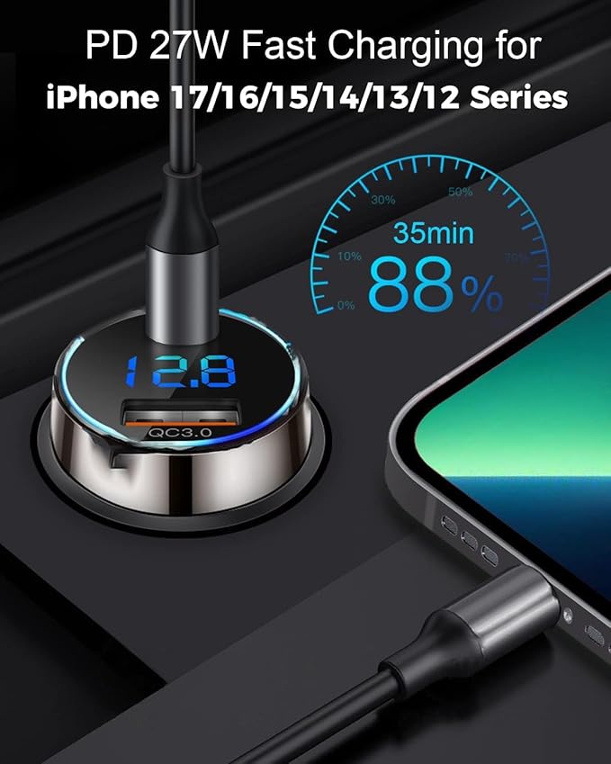 [Pure Copper] USB C Car Charger, SUPERONE 45W Dual USB Car Charger Adapter with 27W/20W PD Port, Fast QC3.0 LED Voltmeter for iPhone 17 16 15 14 Max/Pro/Plus/Mini, Pixel 9/8/7, Samsung S25/S24 More