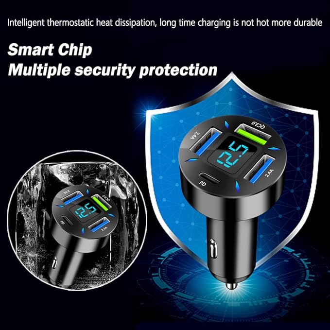 2Pcs 4 Ports USB Car Charger USB Adapter with Voltmeter,Type C Port PD 3.1/QC 3.0 Super Fast Charging Car Cigarette Lighter Plug for iPhone 14 13 12,S22 S21 S20,iPad Pro& More Mobil Phone (2Pcs-Black)