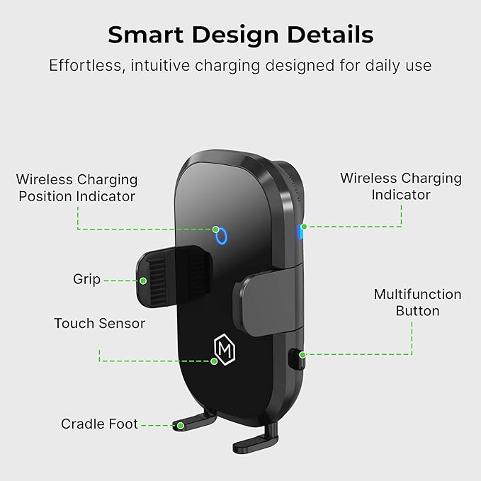 Auto Scan Fast Wireless Car Charger Phone Mount with Multi-Angle Adjustable Suction Cup – 15W Wireless Charging, Auto Scanning, Adjustable Grip for Phones 71mm-112.6mm