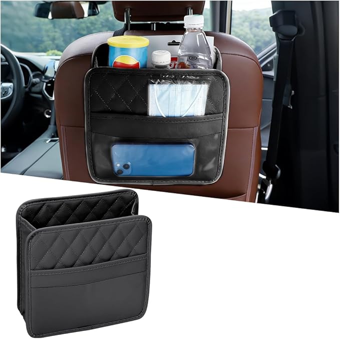 Car Seat Back Organizer, Leather Multipurpose Automotive Hanging Storage Bag Pockets, Vehicle Interior Backseat Trash Bag Can Organizer Accessories, Universal for Most Cars (Black)