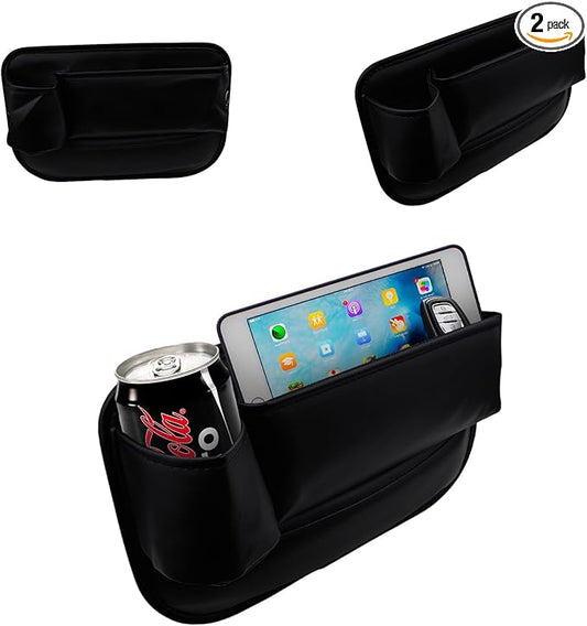 2 Pack Car Seat Gap Filler Organizer with Cup Holders,Premium Leather Storage for Phones, Keys, Wallets, and Drinks, Universal Fit for Front Seat