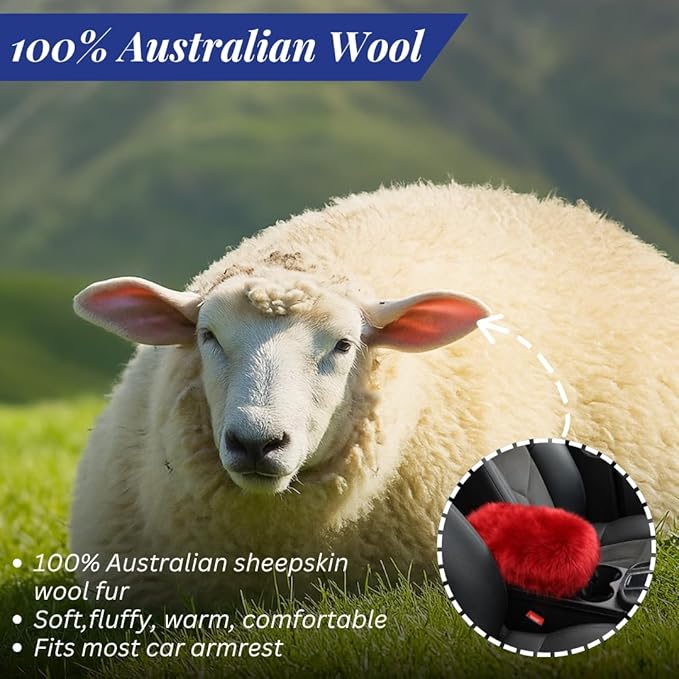 Andalus Brands Pure Australian Sheepskin Fluffy Car Center Console Cover, Luxurious Non-Shedding Furry Arm Rest Cover for Car, Versatile for All Seasons, Red - (11.47" X 6.3")