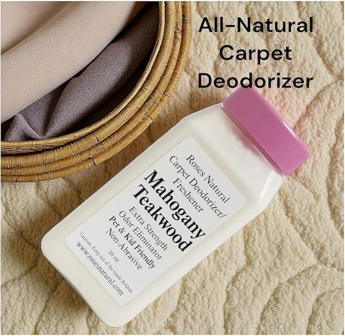 Mahogany Teakwood Carpet Deodorizer Powder – Pet Odor Eliminator & Carpet Freshener, Rugs & Upholstery, Natural Baking Soda Formula, Kid & Pet Friendly, Long Lasting Scent, 16 oz