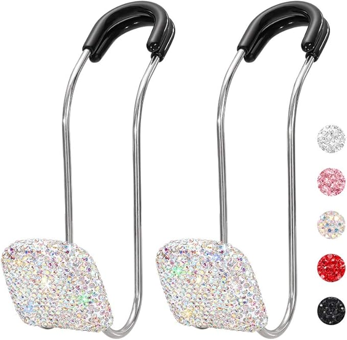 SAVORI Car Headrest Hooks Bling Car Accessories Rhinestones Universal Auto Back Seat Headrest Metal Hanger Organizer Vehicle Holder for Bag Purse Clothes Grocery 2PCS (AB)