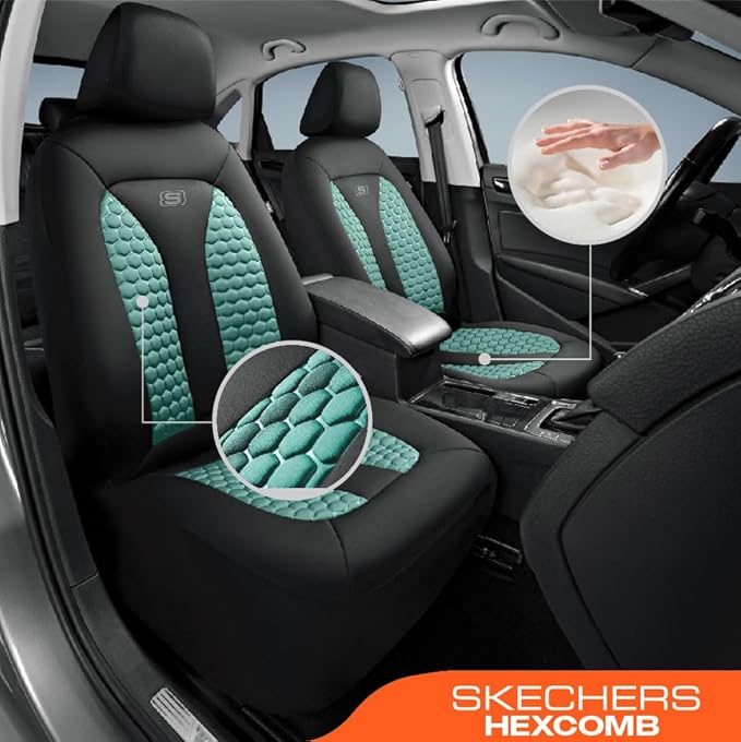 Skechers Memory Foam™ Car Seat Cover Full Sets, Hexcomb Breathable Thick Seat Covers, Airbag Compatible, Automotive Comfort & Protection for Most Cars,Van,Trucks, SUVs (Green,Full Set)