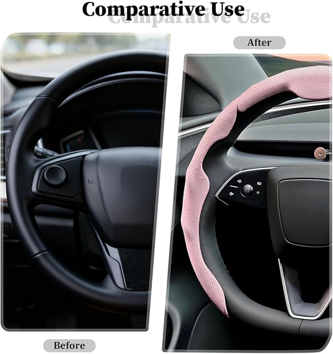 3PCS Car Steering Wheel Cover, Nappa Leather Breathable Non-Slip Segmented Steering Wheel Protector, Snap-on Auto Interior Decoration Accessories, Universal Fit (Pink)