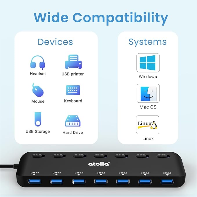 USB 3.0 Hub, atolla 7-Port USB Hub Splitter with Individual On/Off Switches and Lights, 3.28Ft Extended Cable, Suitable for Laptop, PC, MacBook, Keyboard, Mouse, Flash Drives ﻿