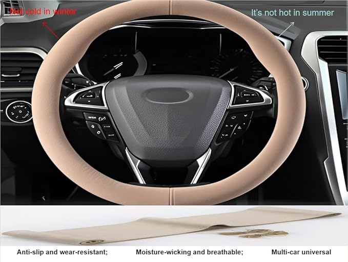 Steering Wheel Cover (Suede Leather), DIY Hand Sewn, Suitable for Both Men and Women, 15 inch Universal (Beige)