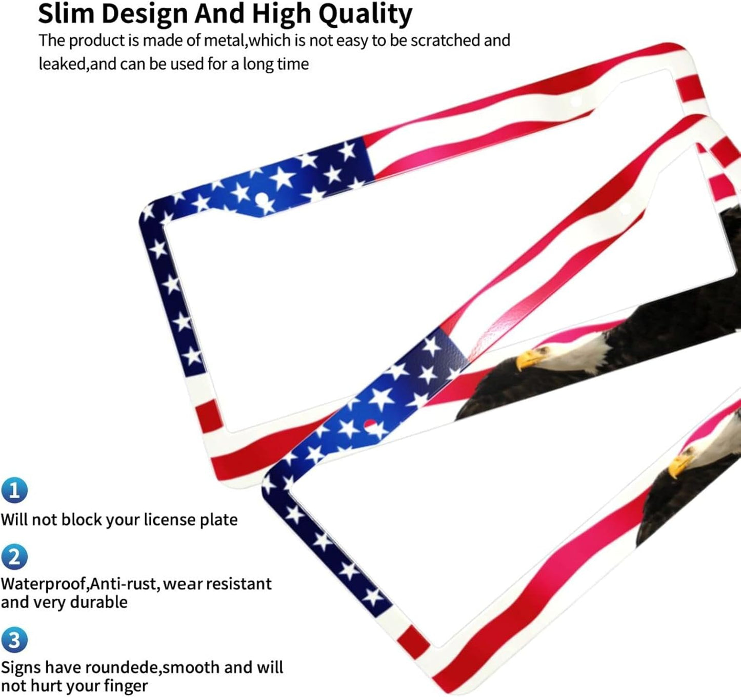 American Flag License Plate Frame American Flag License Plate Holder American Flag Eagle License Plate Frame Covers US Car Tag Frame Stainless Aluminum 2 Pack 2 Holes Decorative 2 Pcs Set for Men