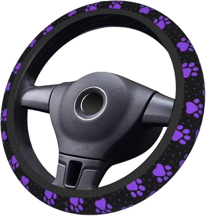 Purple Paw Print Steering Wheel Cover Dog Paw Print Steering Wheel Cover Anti-Slip Breathable Universal for 15 Inch Car with 2 Pieces Car Coasters Suitable for Men Women