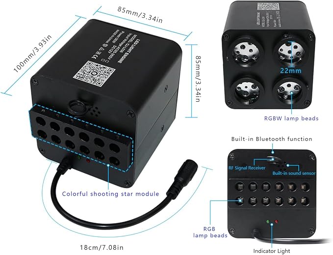 AKEPO 4 Color 36W RGBW Twinkle+Colorful Meteor Two-in-one Fiber Optic Light Source, 4 Ports Twinkle+RGB Shooting Star+Music Activated+Bluetooth APP+28-Key Remote Control Home/Car Starlight Headliner