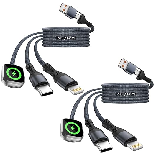 Travel Essentials 3in2 Multi Charging Cable for iPhone Watch Charger,USB A/C to Type C/IP/iWatch charger, Charging Cords for Multiple Devices Compatible with iWatch Series&iPhone 17-12 (2Pack,6FT)