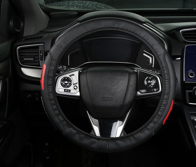 Black Leather Steering Wheel Cover,Elastic Breathable Design,Universal 14-15 Inch Compatible with ST Focus Mondeo Explorer kuga Fiesta Edge Car Accessories