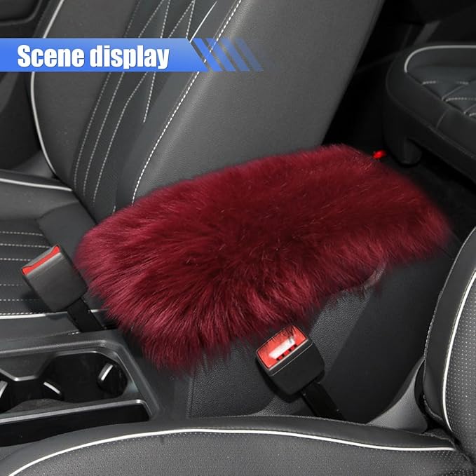 Auto Center Console Cover Pad, 11.81"x 7.87" Warm & Furry Winter Car Armrest Cover, Soft Faux Sheepskin Wool Car Armrest Seat Box Protector Cushion, Universal Interior Accessory (Burgundy)
