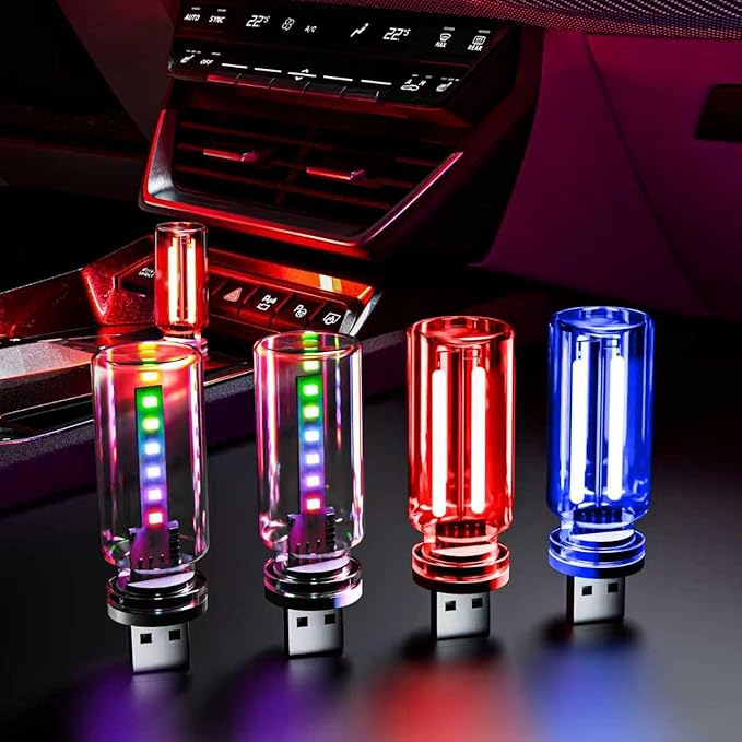 4 PCS USB Night Light, Touch Dimmable Mini USB LED Car Interior Ambient Lights, Portable Plug-in Glass Bottle Night Lamp for Car, Tent, Desk, Bedside (2RGB&1Red&1Blue)