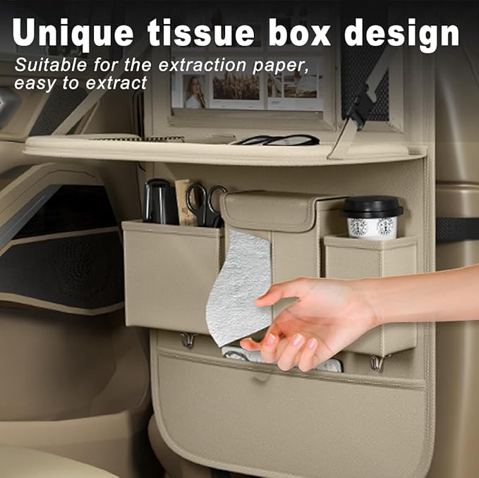 XDV Car Seat Organizers,Multi-functional Back Seat Protectors, Storage Pouches, and Tray Holders (for Cars, Kids, Seat Back and Rear Seats) (Plain Beige, 1 Pcs)