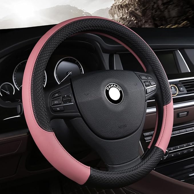 Pahajim Car Steering Wheel Cover for Women Men Universal PU Leather Steering Wheel Accessories Anti Skid 14.5-15 Inch (37-38cm) Forro Volante Carro (Pink)