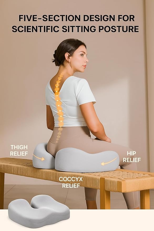 Seat Cushion, Office Chair Cushion for Sciatica, Coccyx Cushion, Ergonomic Memory Foam Seat Cushion for Car, Home, Pressure Relief Pad for Hip, Tailbone, All Day Comfort - Gray
