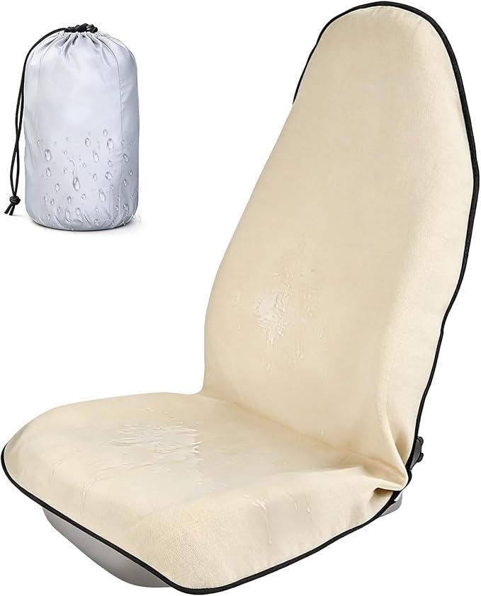 ZIMABLUE 1PC Waterproof Towel Car Seat Cover - 525g Heavy Duty 3-Layer Microfiber Sweat Protector for Bucket Seats - Non-Slip Machine Washable Universal Fit for Gym, Yoga, Beach, Pets & Outdoors-Beige