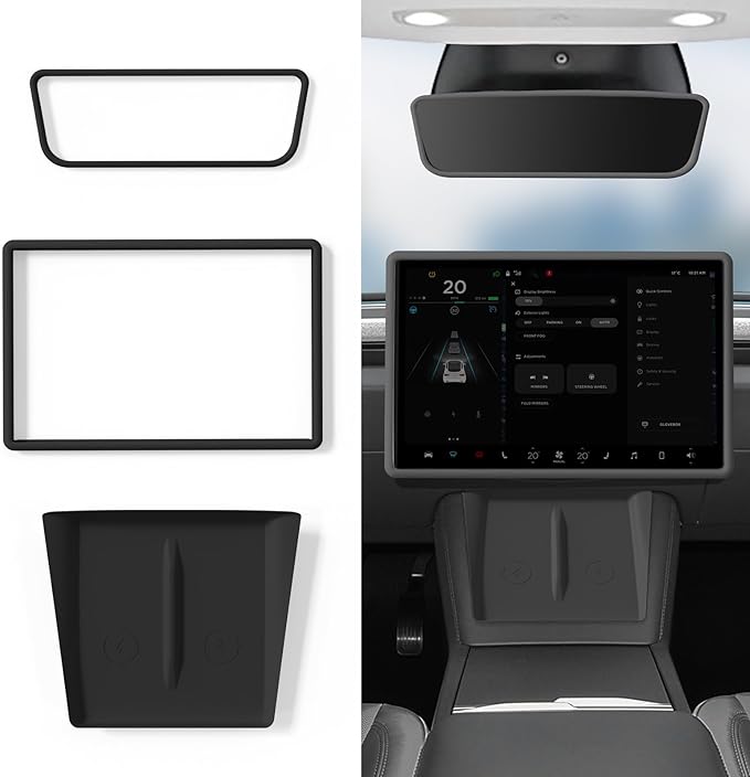 Farmogo Protector Trim Frame for 15.4'' Tesla Model Y & Model 3 Highland 2024-2026 Accessories with Wireless Silicone Charging Mat Screen Edge & Rearview Mirror Protector Frame (3PCS Black)