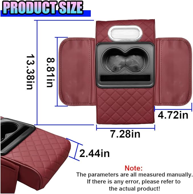 Leather Car Center Console Cover, Universal Automotive Armrest Booster Cushion, Vehicle Middle Console Organizer with 2 Cup Holders, Side Storage Bag, Tissue Box & Phone Slot(Burgundy)