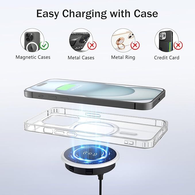 Wireless Magnetic Charger Desk Mount 15W Fast Charger for iPhone 17 16 Pro Max 15 14 13 12 Series,Magnet Qi Charging Pad/Station for AirPods,Recessed Hidden Under Desktop Hole Save Nightstand Space