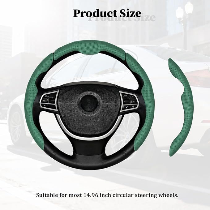 3PCS Car Steering Wheel Cover, Nappa Leather Breathable Non-Slip Segmented Steering Wheel Protector, Snap-on Auto Interior Decoration Accessories, Universal Fit (Green)