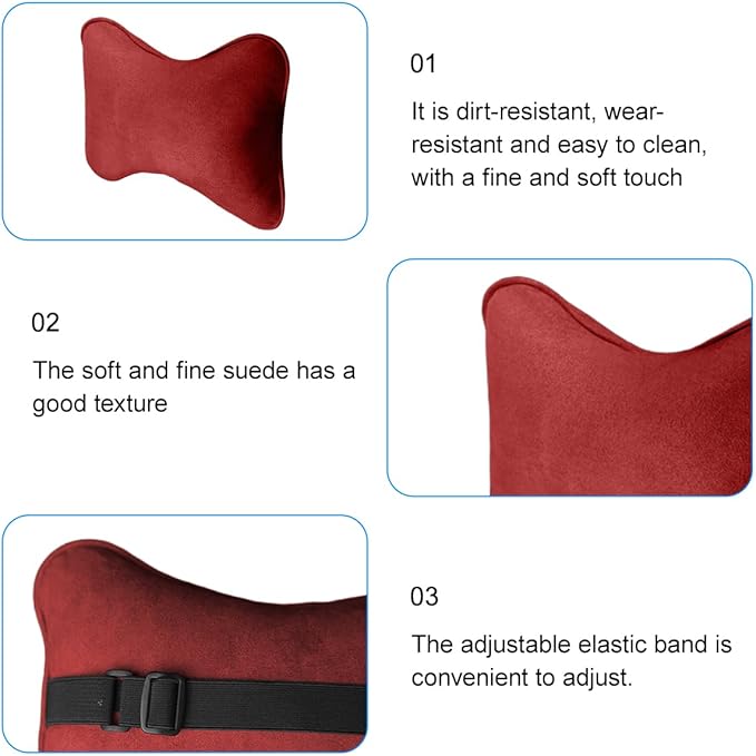 Car Headrest Pillow, Suede Soft Comfortable Breathable Vehicle Seat Neck Support Cushion with Adjustable Strap, Ergonomic Design Auto Head Rest Pad, Universal for Sedan RV Truck (Red)