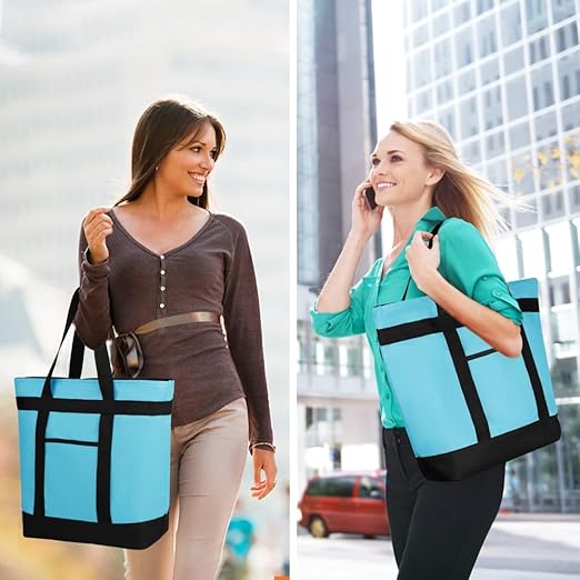 CIVJET 2PK Insulated Grocery Tote Bags, Large Reusable Cooler Bags with Zipper, Leakproof Thermal Shopping Bags for Food Delivery, Beach, Travel, for Uber Eats & Picnic, Collapsible, Blue