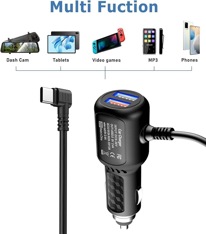 Dash Cam Charger USB C,Type C Dash Cam Power Cord,Dual USB Fast Charger, Compatible with REDTIGER F7N Series,Vantrue N4 and N2S Series,WOLFBOX Mirror cam,AZDOME,Pelsee and GPS Navigator(11.5FT)