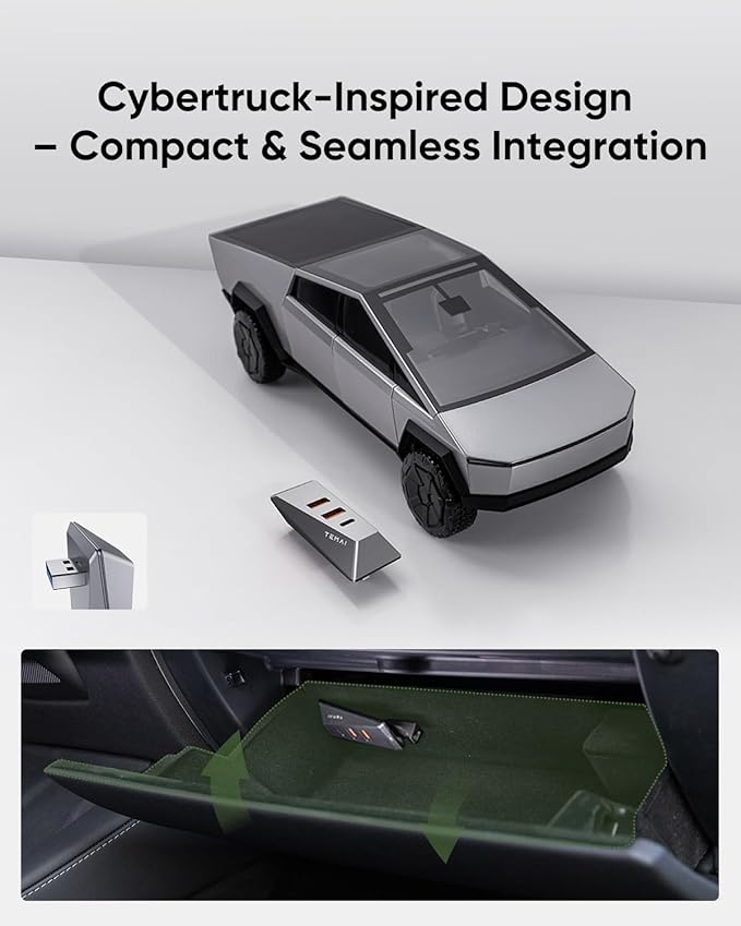 TEMAI Glovebox USB Hub for Tesla Model Y (2021-2024) & Model 3 (2021-2023) - 4-in-1 Docking Station Adapter for Sentry Mode Dashcam SSD Data & Game Controller - Cybertruck Style Spiliter
