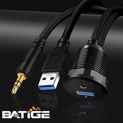BATIGE Alloy USB 3.0 AUX DC3.5mm Port Car Mount Flush Cable for Car Boat Motorcycle Dash Panel with LED Indicator - 3ft
