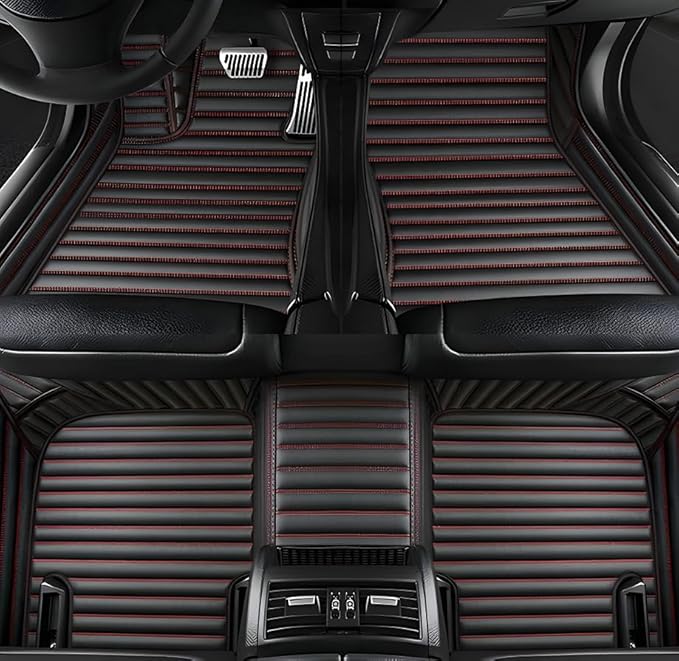 Customize Car Floor Mats for 99% Sedan SUV Sports Car All Weather Leather Full Coverage Waterproof Non-Slip Vehicle Lining Pads (Black and red Stripes)