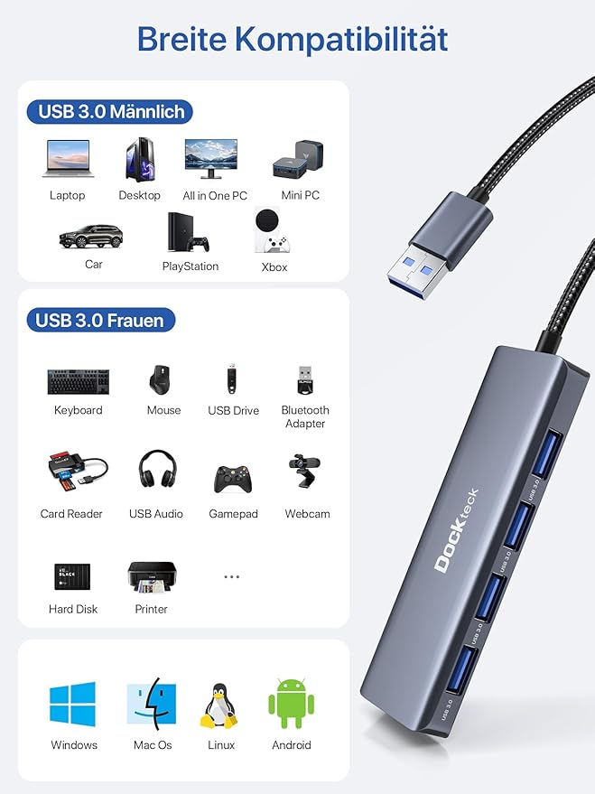 USB Hub, Dockteck 4-Port USB 3.0 Splitter, Aluminum 2ft USB Extender Compatible with MacBook,XPS, Surface Pro,Mac mini/Pro, iMac, Mouse, Keyboard, Flash Drive, HDD,Camera, and More