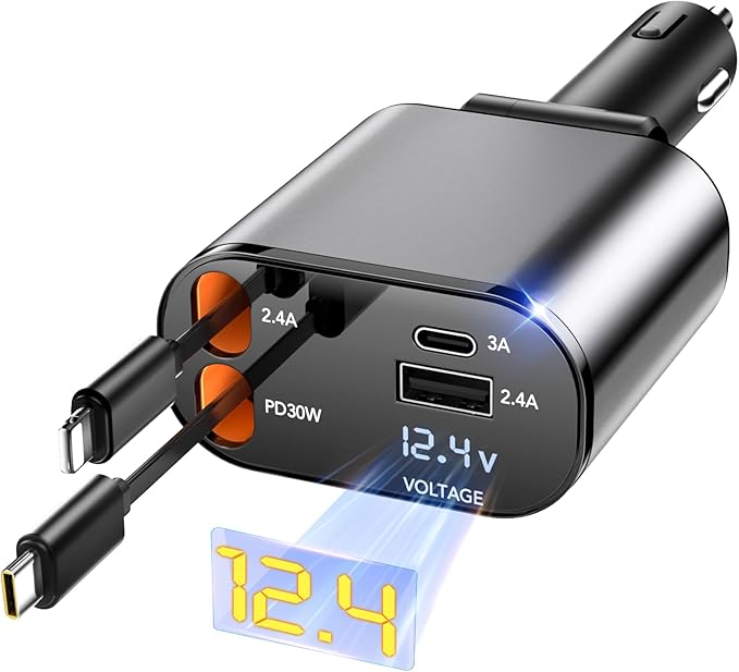 Retractable Car Charger Adapter for iPhone 17,4 in 1 Fast Charging Car Phone Charger,69W USB C Car Truck Accessories,Road Trip Essentials Gift for Men Women for iPhone 17/16/15/14/13/12,Galaxy S25