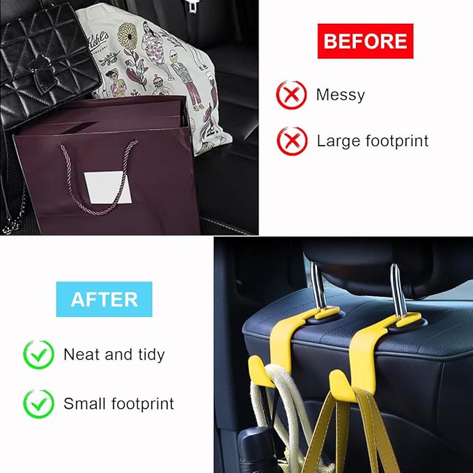Ziciner Car Seat Headrest Hooks, 4 Pack Auto Durable Backseat Hangers Storage Organizer, Universal Vehicle Interior Holder Accessories for Purse, Grocery Bags, Handbag, Cloths ect (Yellow)