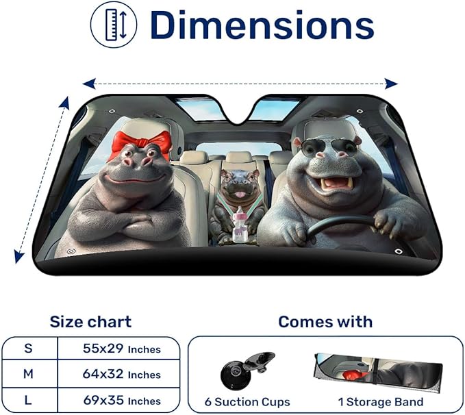 GENANY Funny Hippo Windshield Sun Shade for Car SUV Truck (64x32 Inches), Sun Shade Windshield, Shades for Front Windows, Protector Blocks UV, Xmas Auto Gift, Spring Car Decor
