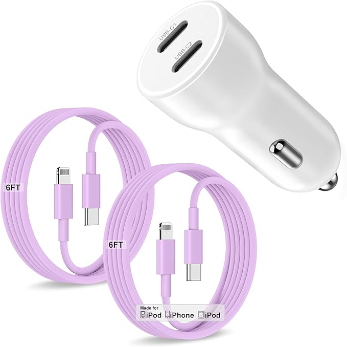 iPhone 14 13 Car Charger, Certified 45W Dual Port USB C Rapid Apple Car Adapter with 6ft Type C to Lightning Cable Fast Charging for iPhone 14 Pro/14 Pro Max/14 Plus/13/12/11/X/XS/SE,iPad-Purple