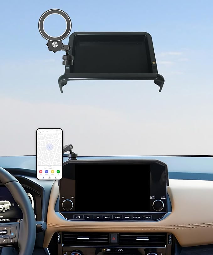 Car Phone Holder for Nissan Rogue 2021 2022 2023 Accessories Apply to 9 Inch Screen Fixed Clip Magnetic Cell Phone Mount Hands-Free 360 Degree Rotation with Dashboard Storage Tray