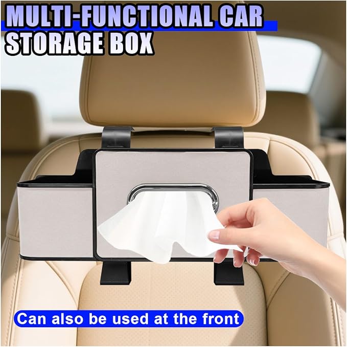 YoRise Multifunctional Car Back Seat Organizer, Leather Automotive Headrest Phone & Tissue & Cup Holder with Hooks, Family Travel Vehicle Backseat Storage Box for Drink, Snack, Handbag (White)