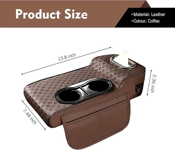 Car Center Console Leather Armrest Increase Cushion, MultiFunctional Armrest Box Pad with Dual Cup Holder, Tissue Box, Side Card Holder, Universal for Most Cars, SUVs, Trucks (Coffee)
