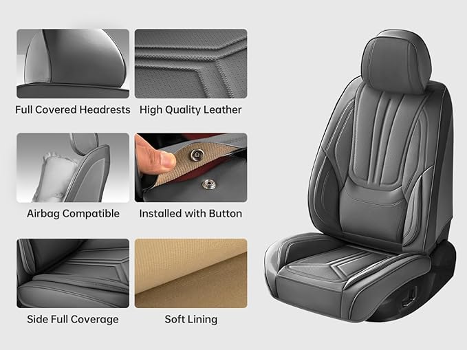 Car Seat Covers, Premium Leather Car Seat Covers, Waterproof and Breathable Seat Covers, Universal Car Seat Protector Fit for Cars, Trucks, SUVs, Pick-ups (Gray, FullSet)