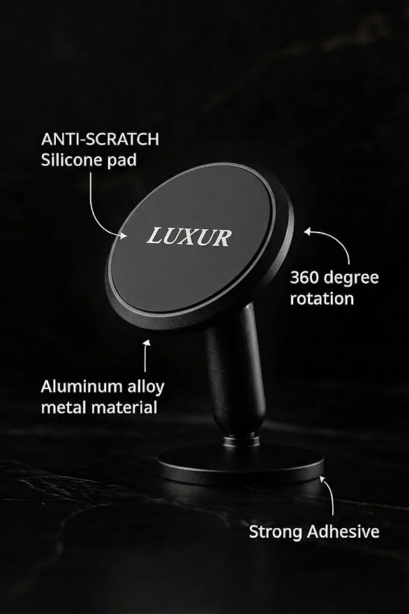 LX-PH01 Aluminum Alloy Compact Magnetic Car Phone Holder 360° Metal Matte Black Phone Mount Cell Phone Holders for Your Car/Gym/Mirror Mount for iPhone Samsung Pixel Mobile Phone.